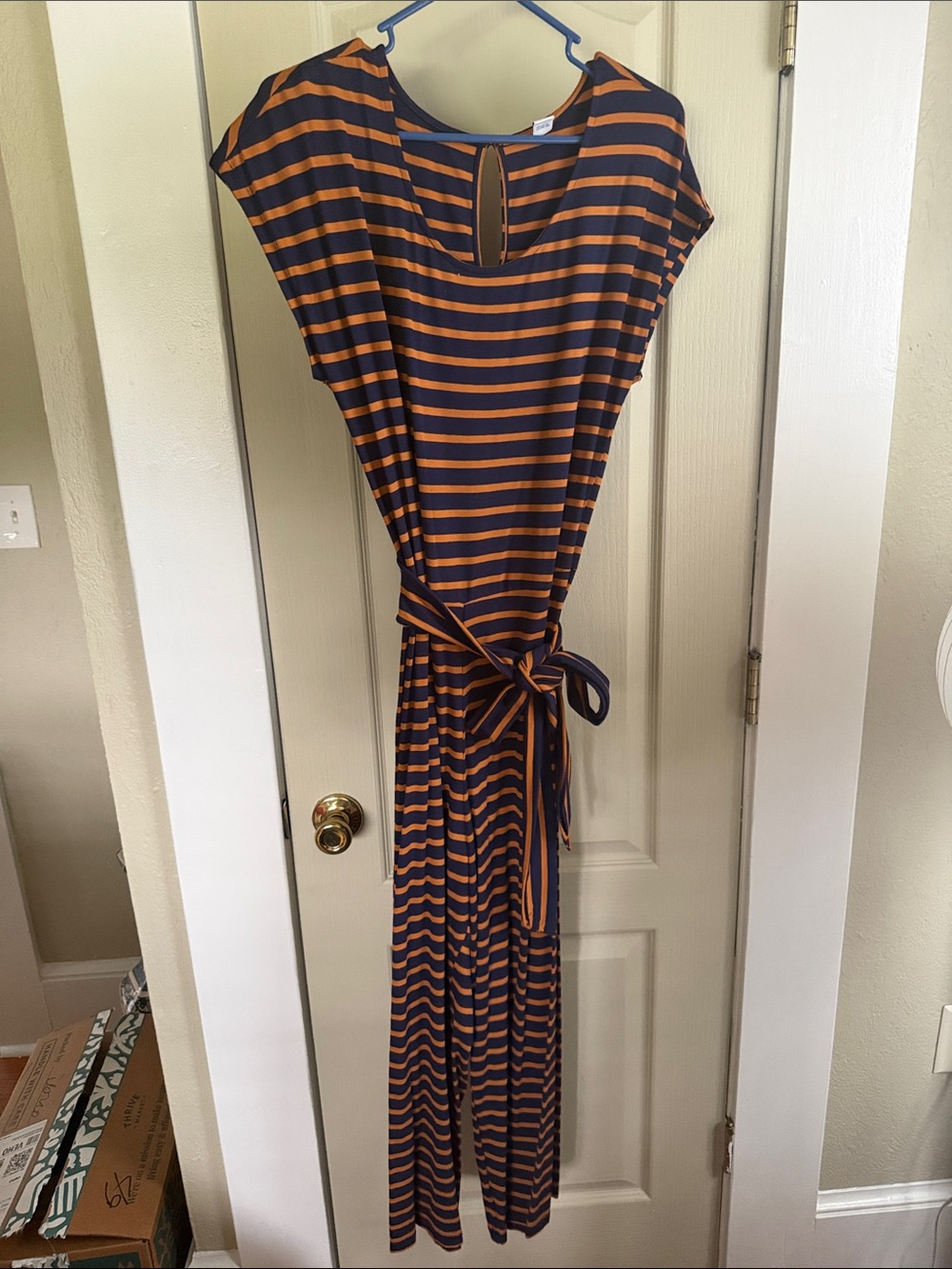 Striped Navy and Orange Tie-Waist Jumpsuit